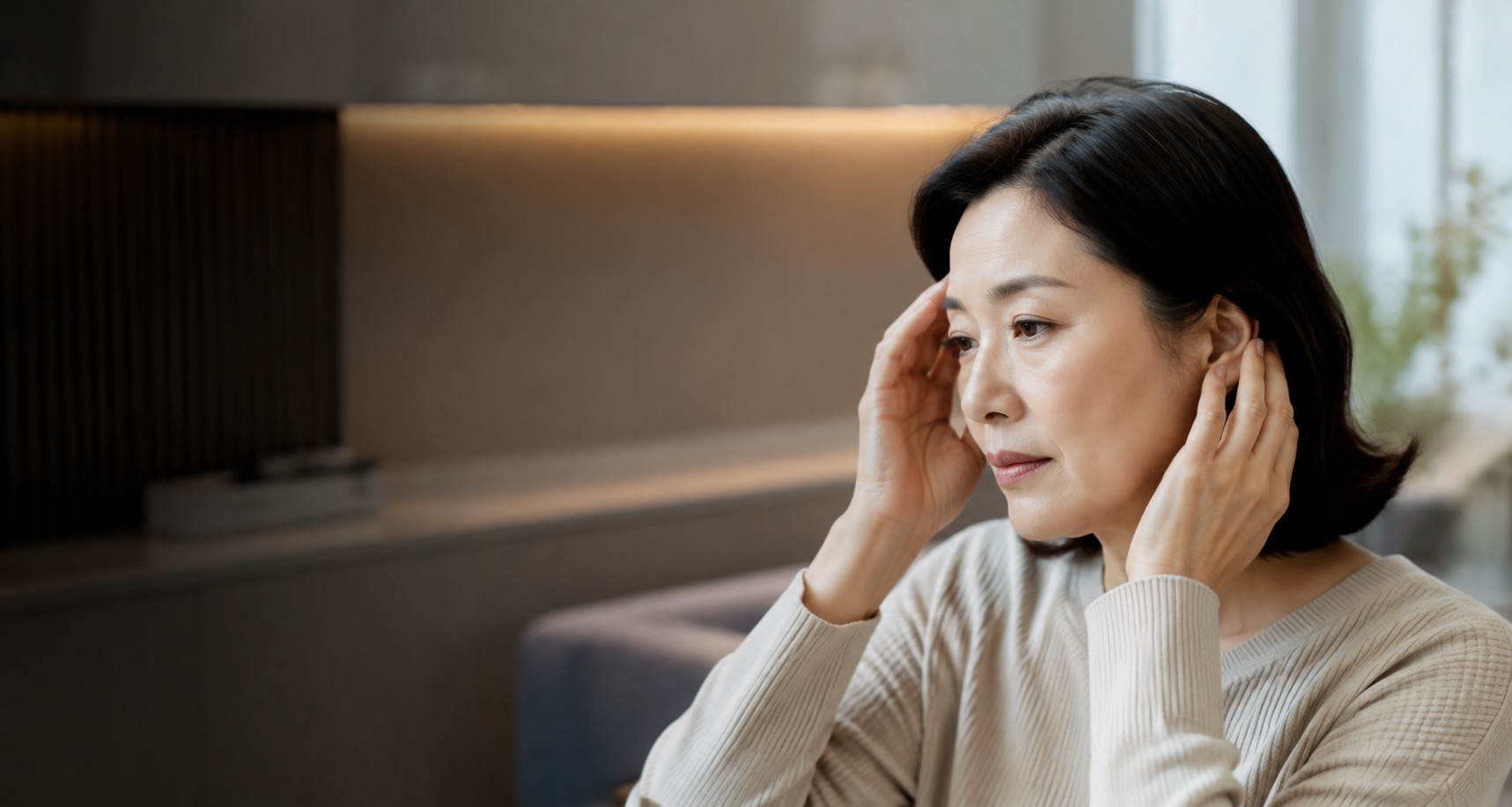 이명과 두통으로 귀와 관자 부위를 살피는 모습